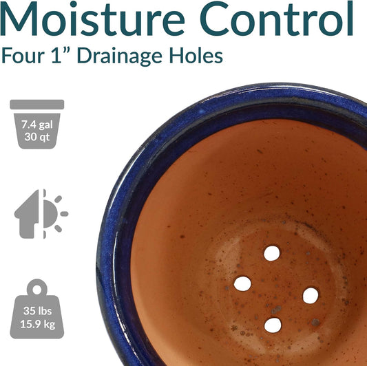 Sunnydaze 18.5" Large Ceramic Plant Pot - Round Outdoor Glazed Ceramic Planter Pot with Drainage - Imperial Blue - Studio