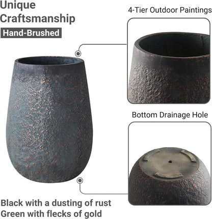 Weathered Concrete 19.7 Inch Tall Planter, Large Decorative Flower Pot with Drainage Hole, Round Plant Container for Home, Garden, Patio, Courtyard, A Dusting of Bronze Rust with Green Tone, 1 Pack