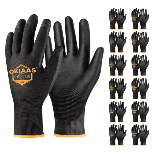 OKIAAS Men's Ultra-Thin and Lightweight Working Gloves with Grip, 12 Pairs, Black, Small