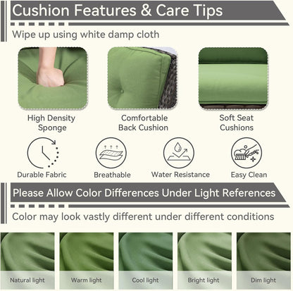 3 Pieces Outdoor Patio Chairs Set - Wicker Patio Conversation Sets with 1 Side Table, Olefin Fabric Cushions Suitable for Backyard Deck and Porch,Green