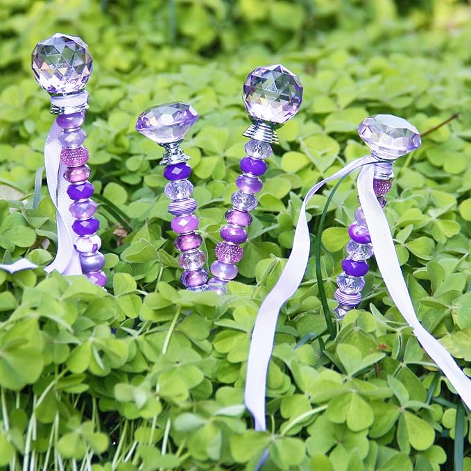 119 Pcs Garden Stake DIY Fairy Wand Plant Stake with Purple Large Hole Beads Crystal Diamond Stopper Top 4 Stainless Steel Threaded Rod Beaded Garden Stakes for Outdoor Indoor Yard Patio Decorations