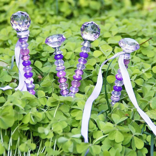 119 Pcs Garden Stake DIY Fairy Wand Plant Stake with Purple Large Hole Beads Crystal Diamond Stopper Top 4 Stainless Steel Threaded Rod Beaded Garden Stakes for Outdoor Indoor Yard Patio Decorations
