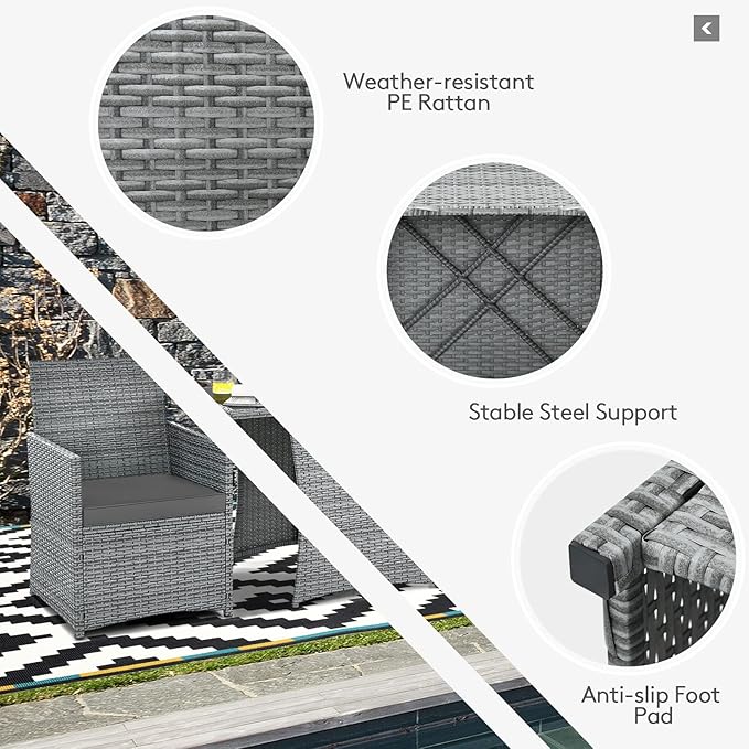 Tangkula 3 Pieces Patio Dining Set, Patiojoy Space-saving PE Rattan Bistro Set with Tempered Glass Top Table and Cushioned Chairs, Outdoor Conversation Set for Garden, Backyard, Poolside, Porch (Gray)