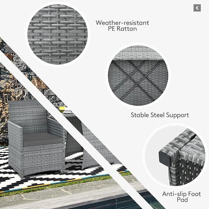 Tangkula 3 Pieces Patio Dining Set, Patiojoy Space-saving PE Rattan Bistro Set with Tempered Glass Top Table and Cushioned Chairs, Outdoor Conversation Set for Garden, Backyard, Poolside, Porch (Gray)