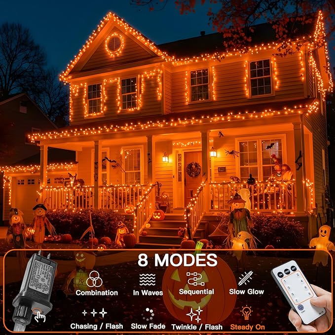 suddus Orange Halloween Lights Outdoor with Remote, 66ft 200 LED Connectable Waterproof String Lights Plug in, Dimmable Clear Wire Fairy Lights for Fall, Thanksgiving, Party, Tree, Garden, Porch Decor