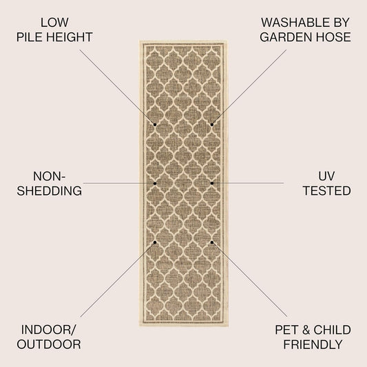 Eyely BMS109A-220 Santa Monica Trebol Moroccan Trellis Textured Weave, Pet Friendly, Non-Shedding, Stain Resistant, Easy-Cleaning, Brown/Beige, 2 ft. x 20 ft., Indoor/Outdoor, Runner Rug