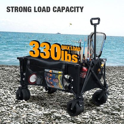 REDCAMP 49" L Extended Collapsible Beach Fishing Cart with Rod Holders, 330LBS Heavy Duty Extra Large Folding Utility Garden Cart with Tailgate and Big All-Terrain Wheels for Grocery, Sport, Fishing