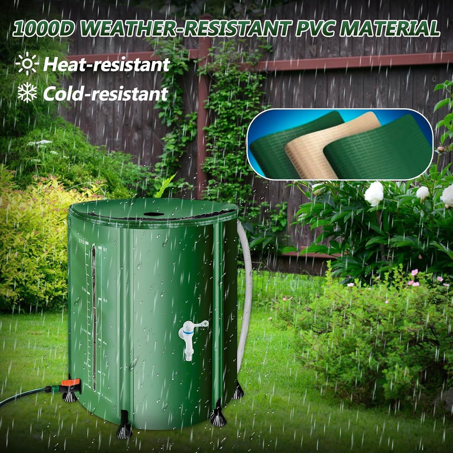 100 Gallon Collapsible Rain Barrel, 380L Water Storage Tank with Scale Mark for Garden Plant Watering, Farm Irrigation, XL Rainwater Collection System with Spigots, Overflow Kit, Hoses