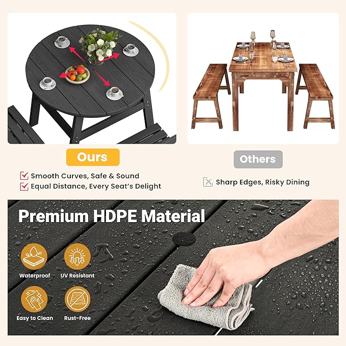 Pamapic 5 PCS Round Outdoor Dining Set, Wood Grain HDPE Outdoor Table and Chairs with 105° Ergonomic Backrest, Durable Patio Dining Table with Umbrella Hole, Black