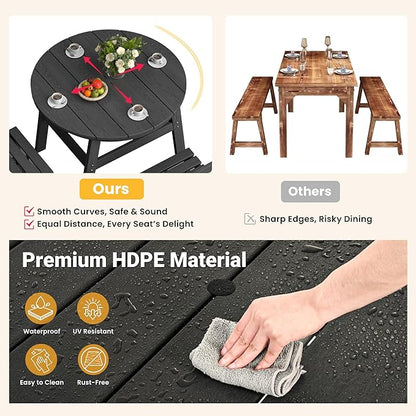 Pamapic 5 PCS Round Outdoor Dining Set, Wood Grain HDPE Outdoor Table and Chairs with 105° Ergonomic Backrest, Durable Patio Dining Table with Umbrella Hole, Black