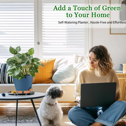 2 Pack 8 inch Plant Pots, Plastic Self Watering Planters with Drainage Holes, Deep Reservoir, Water Level Indicator, Modern Decorative Flower Pots for Indoor Outdoor Plants (Navy Blue, 8 inch)