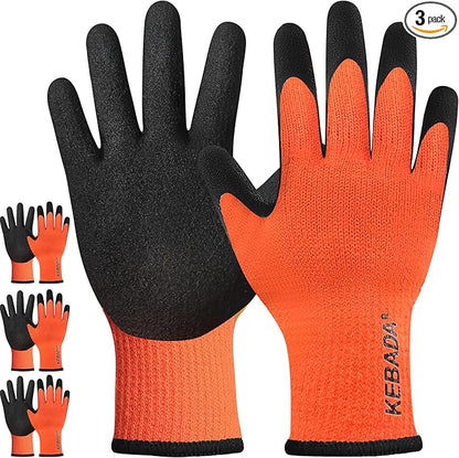 Kebada T3 Winter Work Gloves for Men and Women, Warm Knit Cold Weather Work Gloves, Thermal Insulated Freezer Gloves, 100% Latex Coating Non-slip Grip, Long Wrist Design, 3 Pairs, Orange, XX-Large