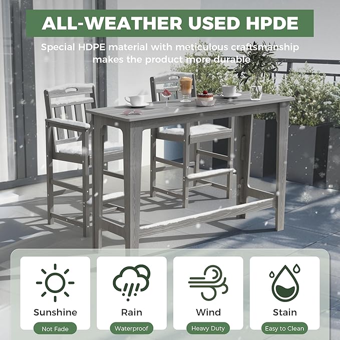 HDPE Outdoor Patio Bar Set with High Top Table and 2 Adirondack Chairs, All-Weather Bar Height Outside Rectangular Pub Furniture for Bistro, Garden, Backyard, Deck | 3-Pieces, Grey