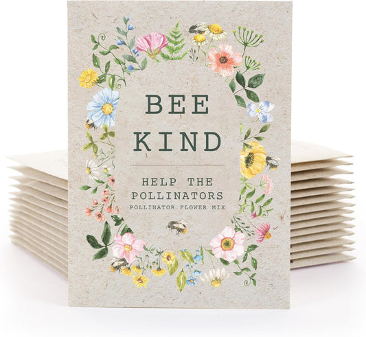 Bentley Seed Co. | Bee Kind Pollinator Flowers | Beautiful Bee Art Kraft Look Seed Packets | Environmental Favors Cards for Guests | Wildflower Mix Seed Packets | Eco-Friendly Hand Out Gift | 25 Pack