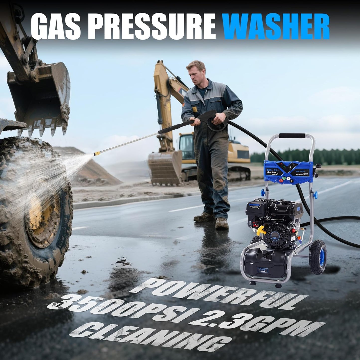 3500 PSI Gas Pressure Washer, 209CC Engine, 2.3 GPM, 4 Adjustable Nozzles, 25ft Hose for Cleaning Cars, Patios, Walls, and Gardens (Blue)