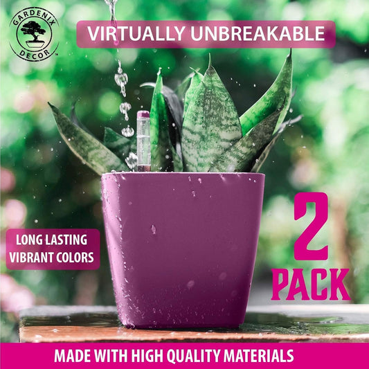 5" Self Watering pots for Indoor Plants - Flower Pot with Water Level Indicator for Plants, Grow Tracking Tool - Self Watering Planter Plant Pot – 2 Pack Purple