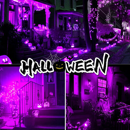 4 Pack Solar String Lights Outdoor - 320LED 132FT Halloween Solar Fairy Lights Outside Waterproof, 8 Modes Purple Solar Powered Twinkle Lighting Decorations for Tree Garden Yard Spooky Patio Party