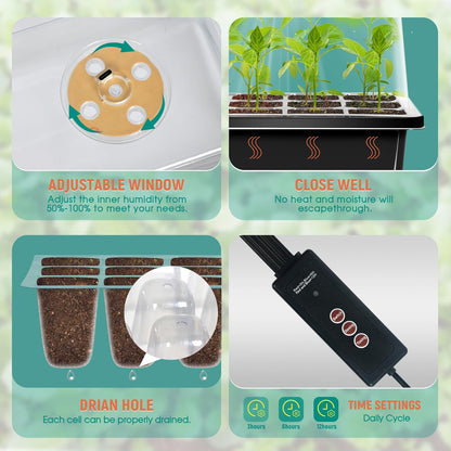 12-Set Seed Starter Tray with Grow Light, Seed Starting Trays Kits with Timing Controller Adjustable Humidity Domes Heightened Lids(12-Cells Per Tray)