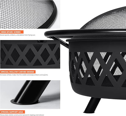 SUNCREAT 42” Patio Fire Pit Wood Burning with Mesh Spark Screen, Bonfire Outdoor firepit with Fireplace Poker, Black