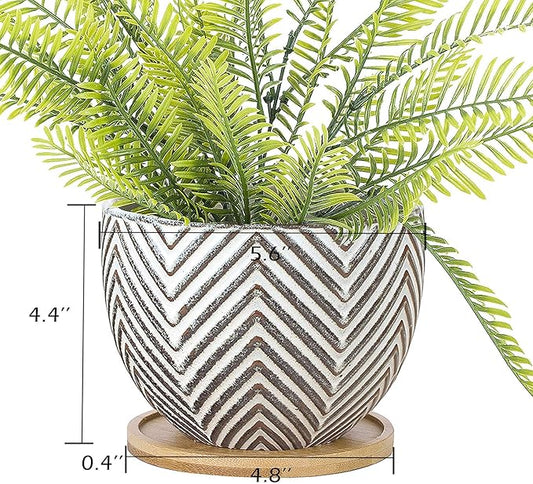 VanEnjoy 5.5 inch Large Round Bohemian Style Ceramic Planter, Geometry Engrave Off White Brown Succulent Planter Flower Pot, Indoor Outdoor Decorative Planter