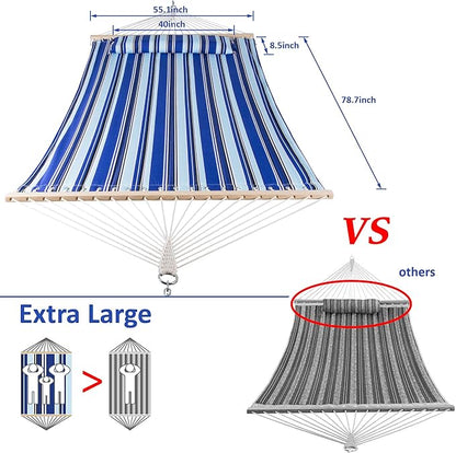 SUNCREAT Hammocks 2 Person Hammock with Stand, Portable Patio Hammock with 13.5 ft Wooden Stand, Blue Stripes