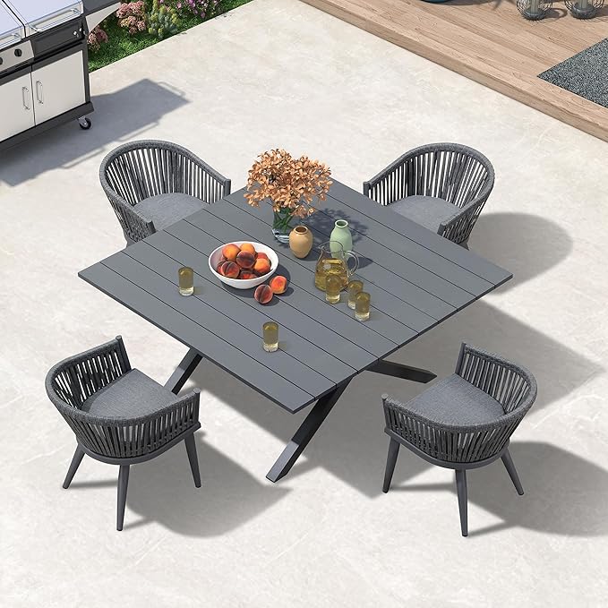 PURPLE LEAF 5 Pieces Oversized Square Outdoor Dining Set with Patio Aluminium Dining Table and Wicker Chairs Modern Furniture Cushions Sets for Backyard Indoor Decor Kitchen Gray