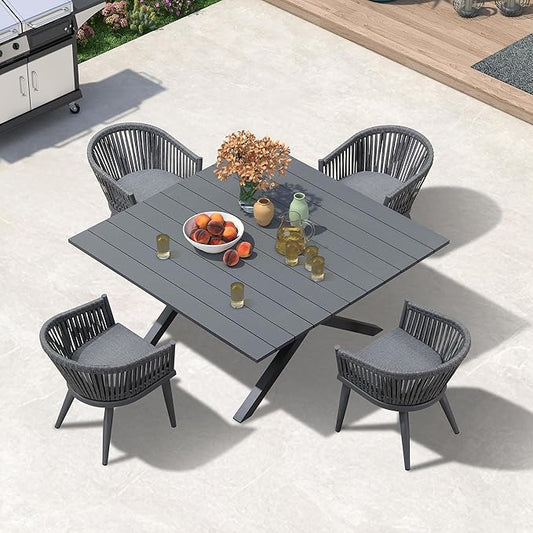 PURPLE LEAF 5 Pieces Oversized Square Outdoor Dining Set with Patio Aluminium Dining Table and Wicker Chairs Modern Furniture Cushions Sets for Backyard Indoor Decor Kitchen Gray