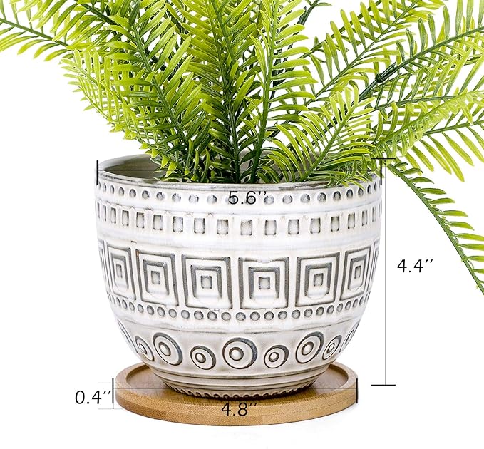 VanEnjoy 5.5 inch Large Round Bohemian Style Ceramic Planter, Geometry Engrave Off White Brown Succulent Planter Flower Pot, Indoor Outdoor Decorative Planter