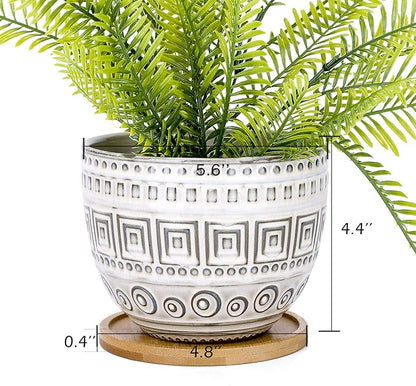 VanEnjoy 5.5 inch Large Round Bohemian Style Ceramic Planter, Geometry Engrave Off White Brown Succulent Planter Flower Pot, Indoor Outdoor Decorative Planter