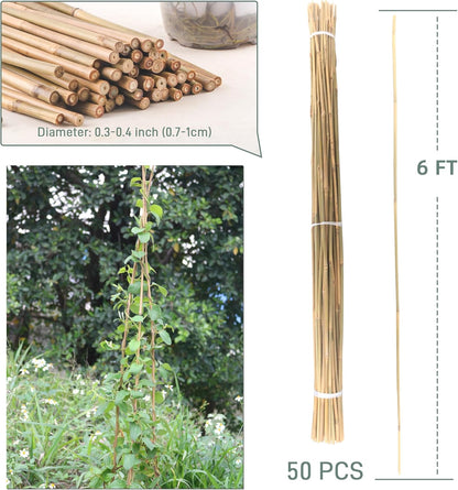 50Pcs / 6ft Bamboo Plant Stakes for Indoor Outdoor Plants, Garden Plant Support Sticks, Poles for Tomato Vegetables Beans Trees Potted Climbing Plants(0.32''-0.4'')