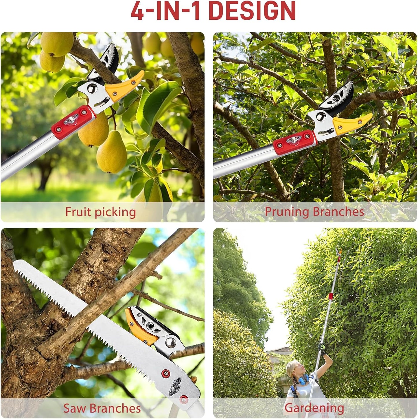 4-in-1 Pruners for Gardening, long handled pruners with Extendable Handle and Safety Lock, 4.4-7.2 Foot Telescopic Saw, Branch Trimmer and Fruit Picker with a Cutting Diameter of 1/2 Inch