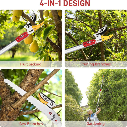 4-in-1 Pruners for Gardening, long handled pruners with Extendable Handle and Safety Lock, 4.4-7.2 Foot Telescopic Saw, Branch Trimmer and Fruit Picker with a Cutting Diameter of 1/2 Inch
