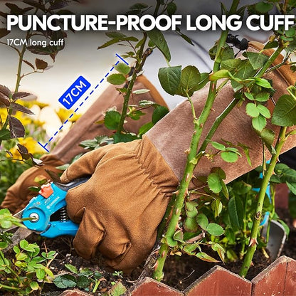 Vgo... Safety Work Gloves Men, Extended Pig Split Leather Cuff,Synthetic Leather, Rose Pruning Thorn Proof,Gardening(1 Pair,Size M, Brown,SL6592M)
