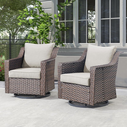 Outdoor Patio Wicker Swivel Chairs - Set of 2 Outside Resin Rattan Rocker Glider Gliding Chair Rocking Armchairs for Front Porch Balcony Backyard Yard Deck Poolside Apartment – Brown/Beige