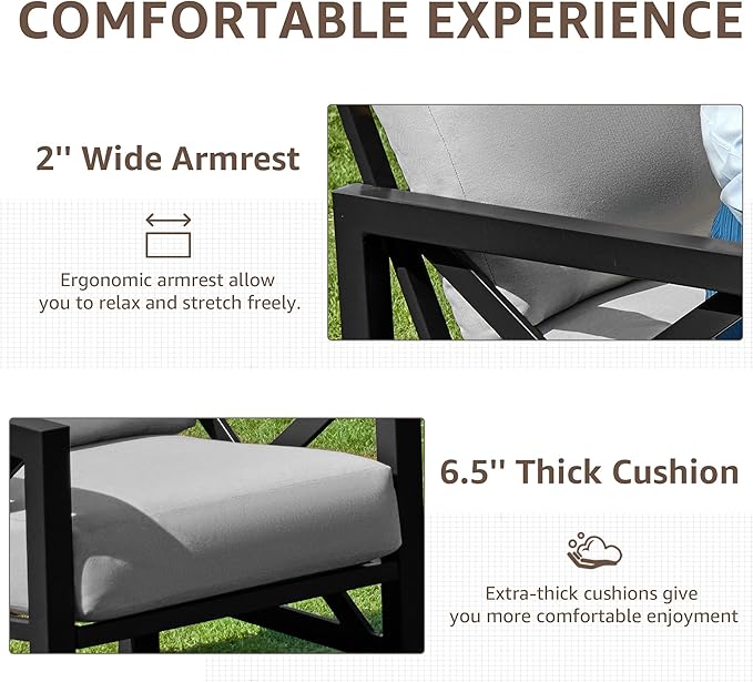 NATURAL EXPRESSIONS 3-Piece Patio Bistro Set, Patio Conversation Furniture Set with 2 Chairs and 1 Metal Coffee Table, 6.5'' Thick Olefin Cushions for Backyard,Porch,Poolside