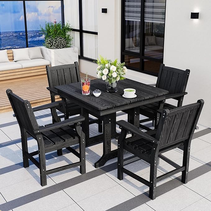 Pamapic 5 PCS Outdoor Dining Set, Spacious HDPE Outdoor Table and Chairs, Wood Grain Patio Furniture Sets with Elegant Armrest, All-Weather Patio Dining Table with Umbrella Hole, Black