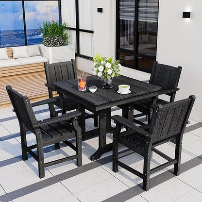 Pamapic 5 PCS Outdoor Dining Set, Spacious HDPE Outdoor Table and Chairs, Wood Grain Patio Furniture Sets with Elegant Armrest, All-Weather Patio Dining Table with Umbrella Hole, Black