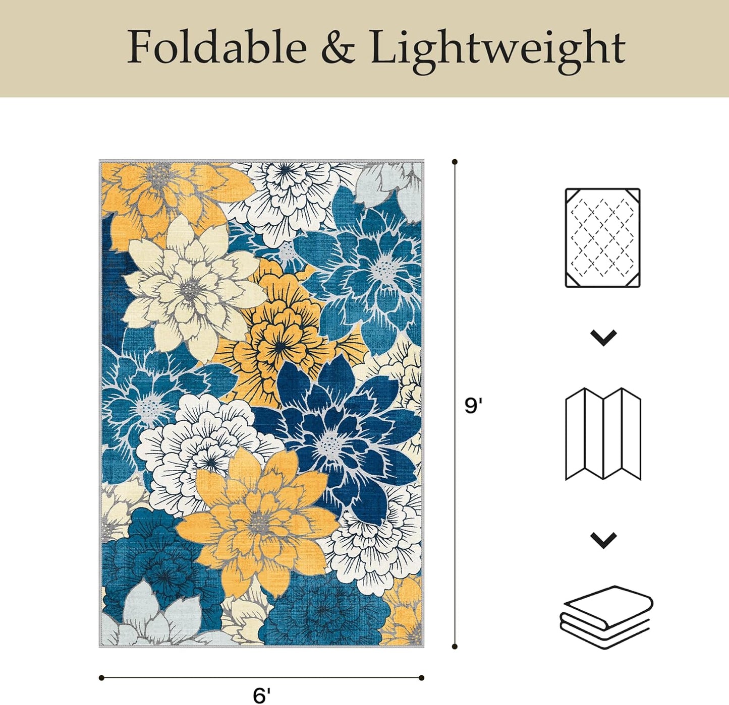 GENIMO Indoor Outdoor Area Rug 6' X 9' Waterproof, Washable Patio Rug Non Shedding, Easy Cleaning Floral Outdoor Carpet for Living Room, Bedroom, Dining Room, Balcony, Backyard, Deck, RV, Blue