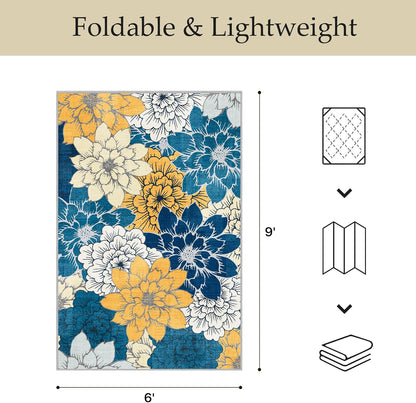 GENIMO Indoor Outdoor Area Rug 6' X 9' Waterproof, Washable Patio Rug Non Shedding, Easy Cleaning Floral Outdoor Carpet for Living Room, Bedroom, Dining Room, Balcony, Backyard, Deck, RV, Blue