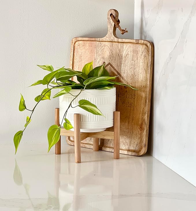Kurrajong Farmhouse White Plant Pot with Stand | 7.25" Ceramic Planter Pot for Indoors | Wood Plant Stand with Pot. Plant not Included | White Planter Pot is 7.25" Wide x 5.75" high