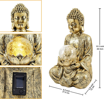 Nacome Meditating Buddha Statue with Solar Light,Zen Solar Garden Buddha with Cracked Glass Ball Sculpture-Indoor/Outdoor Decor for Balcony,Garden,Patio,Porch Yard Art Ornament,10.5 inch(Gold)