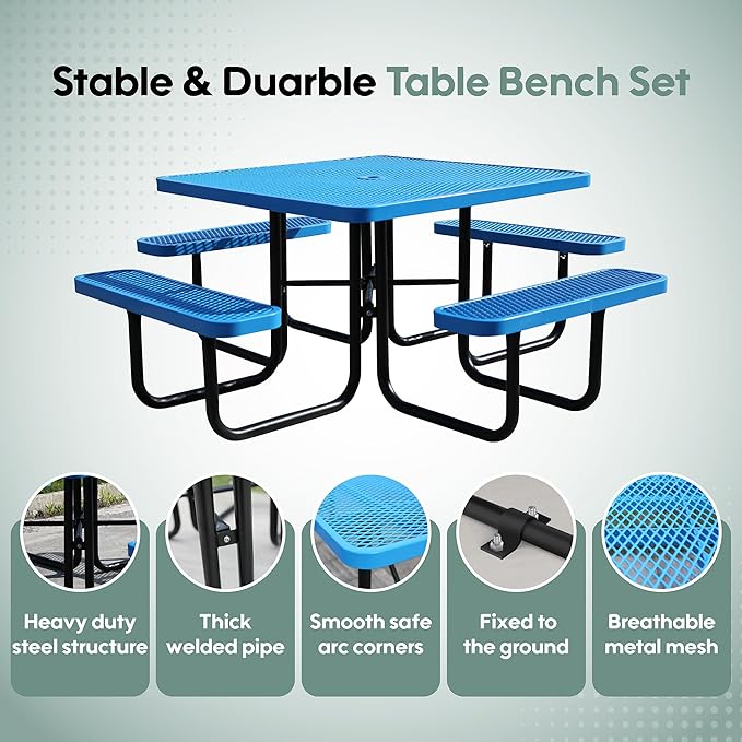 46" Square Picnic Table for Outside,Heavy Duty Metal Picnic Table Bench Set with 2in Umbrella Hole, 1600 lb Capacity,Commercial Dining Table Furniture for Garden Yard Patio Party Coffee Shop