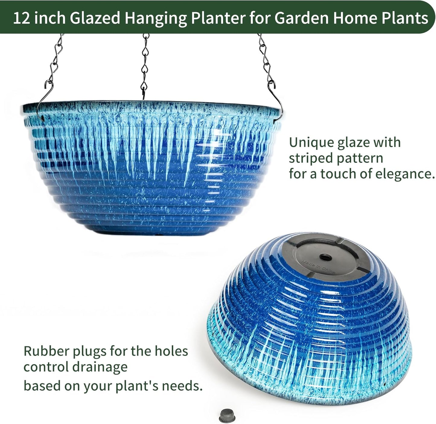 12 inch Hanging Planters for Indoor Outdoor Plants, 2 Pack Large Hanging Flower Pots with Drainage Holes and Chain, Glazed Hanging Baskets for Home Garden Decoration (Blue Flow Glaze)