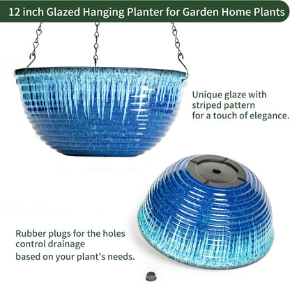 12 inch Hanging Planters for Indoor Outdoor Plants, 2 Pack Large Hanging Flower Pots with Drainage Holes and Chain, Glazed Hanging Baskets for Home Garden Decoration (Blue Flow Glaze)