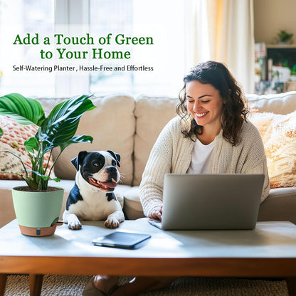 2 Pack 8 Inch Pots for Plants Indoor, Plastic Self Watering Planters with Drainage Holes, Water Level Indicator & Deep Reservoir, Decorative Flower Pots Indoor Outdoor Use (Green