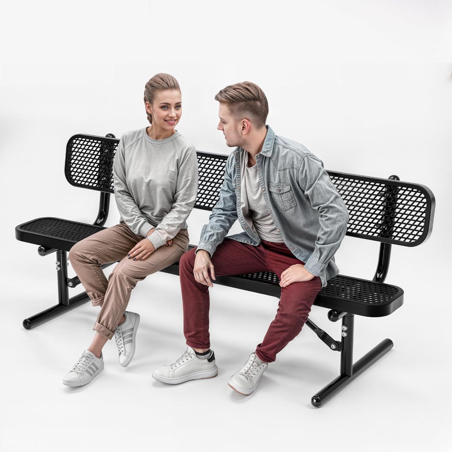 Heavy-Duty Outdoor Metal Bench, Thermoplastic-Coated, Portable, Weatherproof, Commercial-Grade for Parks, Gardens, Patios, Stores & More (6 Ft - Portable with Back, Black)