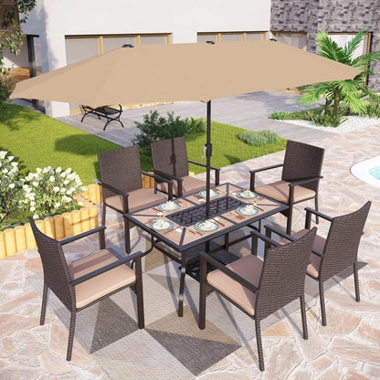 PHI VILLA Outdoor Dining Table for 6, Rectangular Metal Wrought Iron Table with Polywood Tabletop and Umbrella Hole, Large Heavy-Duty Furniture for Patio, Deck, Yard, Porch