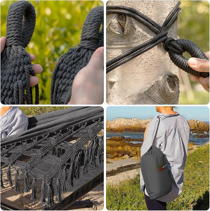 JoyView Boho Macrame Double Hammock with Hanging Ropes & Elegant Tassels 86.6x59 Portable Cotton Hammock for Patio Backyard Porch 450LBS Weight Capacity Perfect for Outdoor/Indoor - Dark Grey