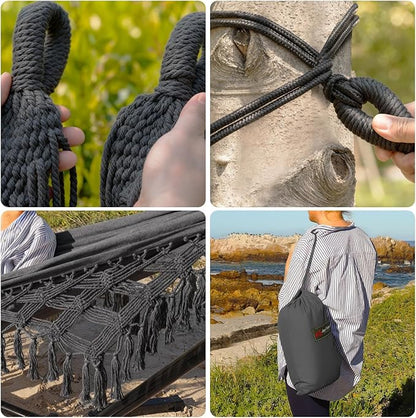 JoyView Boho Macrame Double Hammock with Hanging Ropes & Elegant Tassels 86.6x59 Portable Cotton Hammock for Patio Backyard Porch 450LBS Weight Capacity Perfect for Outdoor/Indoor - Dark Grey