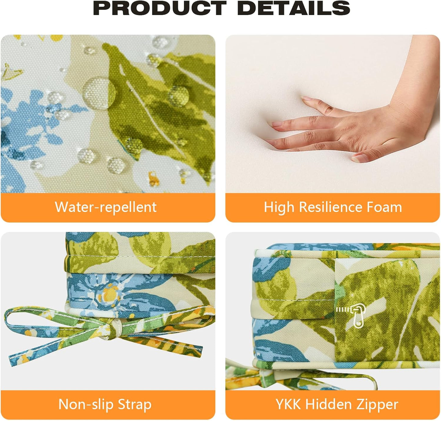 Square Corner Seat Cushions, 19" x 19" x 3", Set of 4, Indoor Outdoor Water Repellent Universal Chair Pads with Ties for Patio Furniture, Garden Dining Chairs, Blue Flower